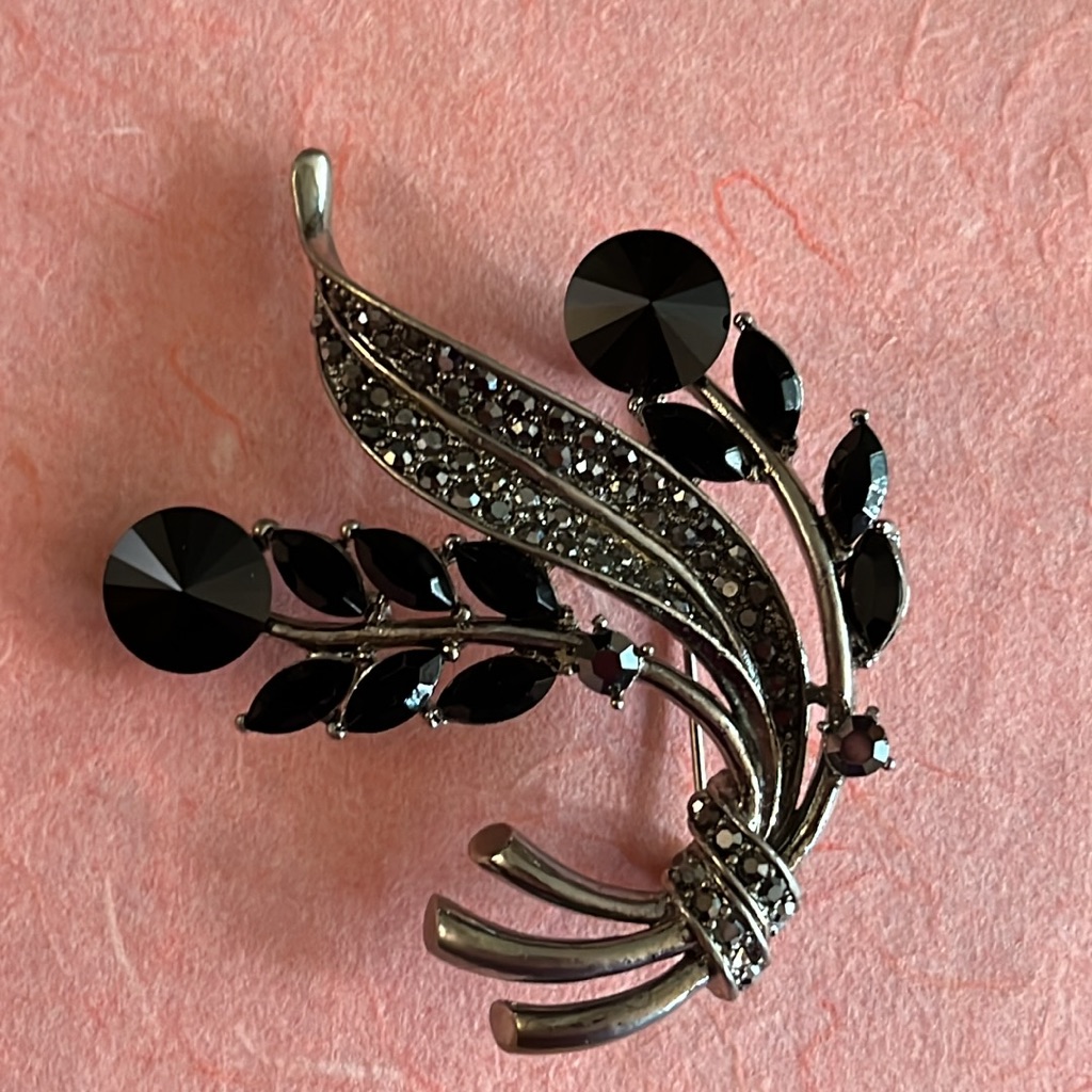 Alfred Sung Floral Brooch Black Glass Navettes And Rivoli Stones Marcasite Leaf